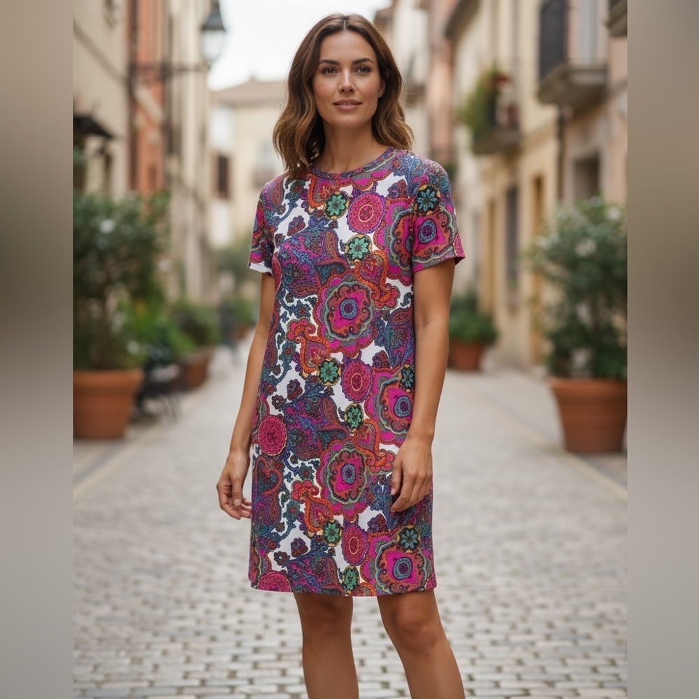 Jude Connally Ella multicolor paisley short sleeve shift dress Made in the USA